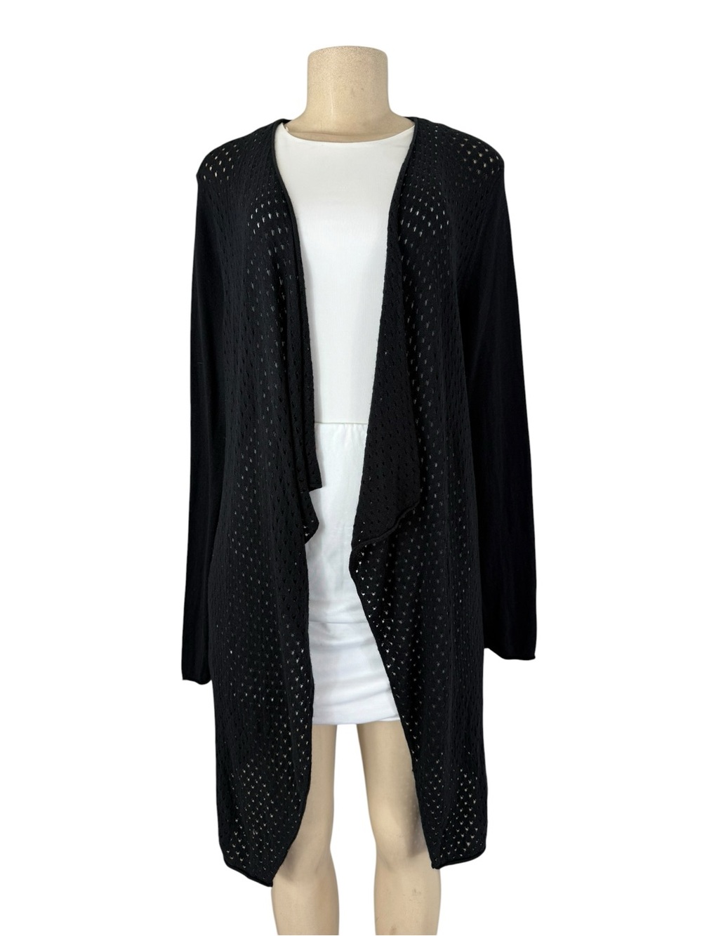 NEIMAN MARCUS Cashmere & Silk Black Knit Open Front Cardigan Long Sleeve Size L - Picture 3 of 5
